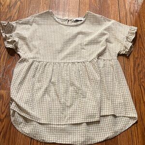 Beige Gingham Ruffle Sleeve Top